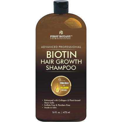First Botany Hair Regrowth and Anti Hair Loss Shampoo front view bottle showing biotin and collagen ingredients