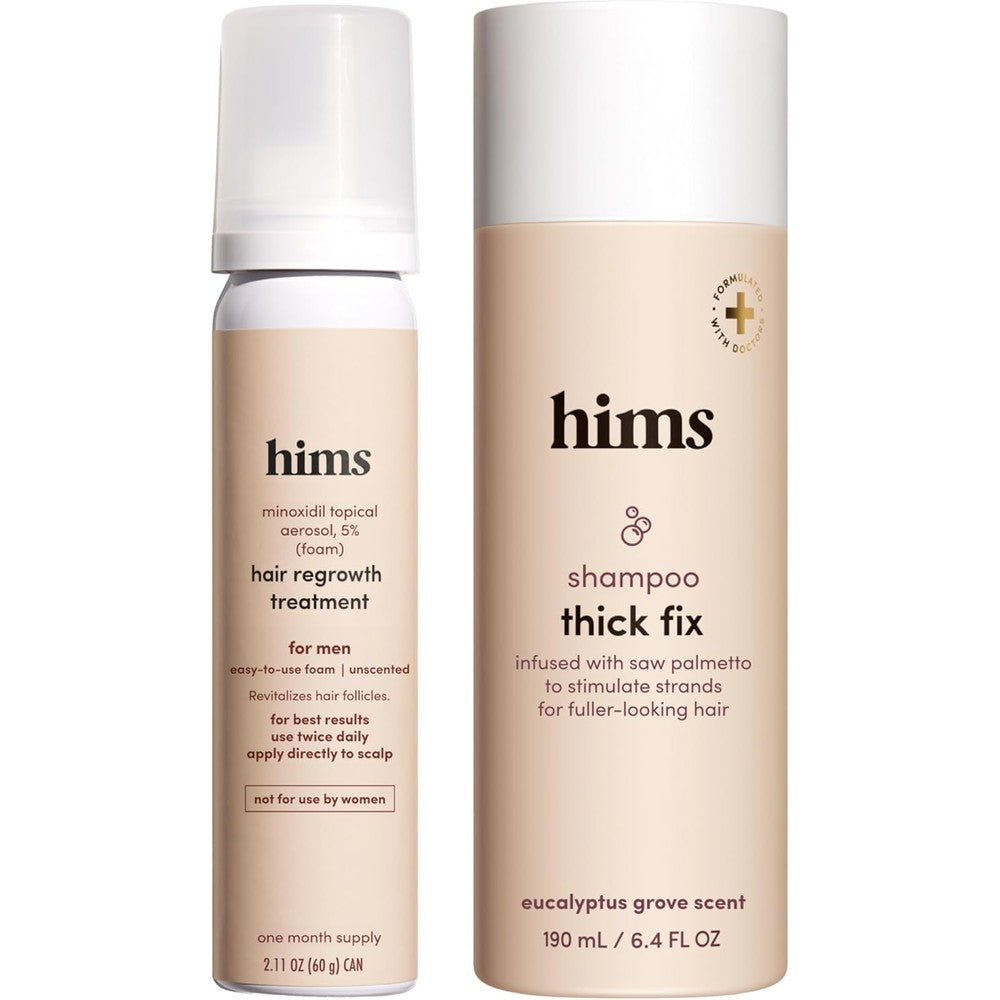 Hims Thick Fix Shampoo and Minoxidil Foam front product packaging view