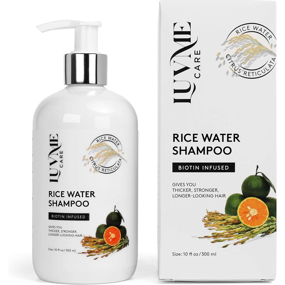 Luv Me Care Rice Water Hair Thickening Shampoo front view bottle showing biotin and caffeine ingredients