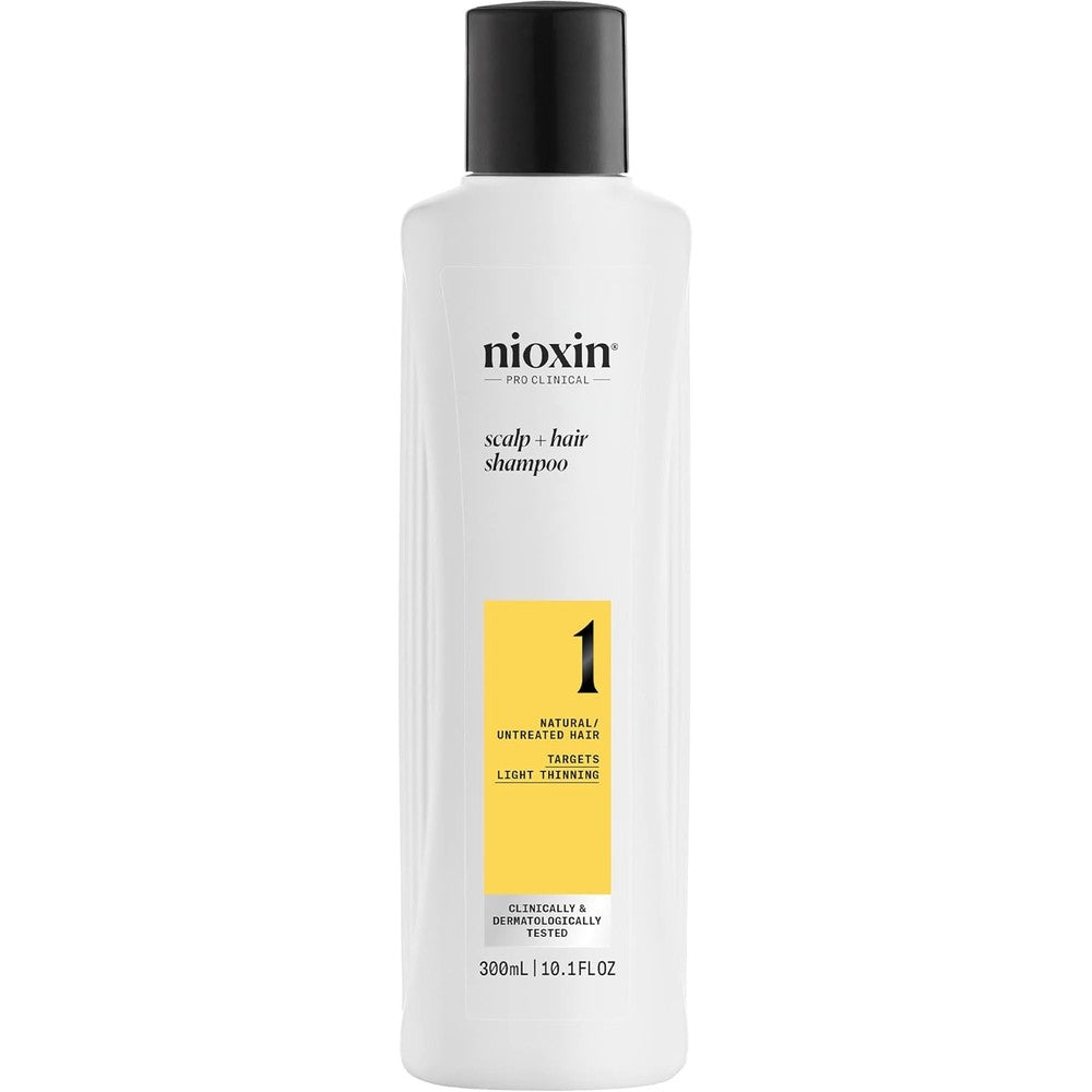 Nioxin Scalp and Hair Thickening System 1 Shampoo front view bottle for hair thinning treatment
