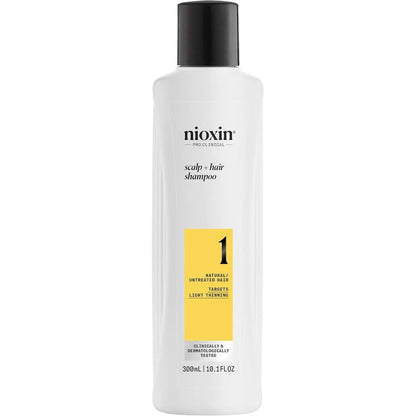 Nioxin Scalp and Hair Thickening System 1 Shampoo front view bottle for hair thinning treatment
