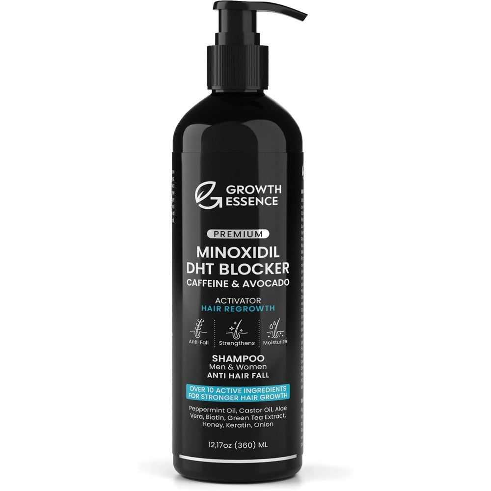 Growth Essence Minoxidil and Biotin Shampoo front view bottle packaging