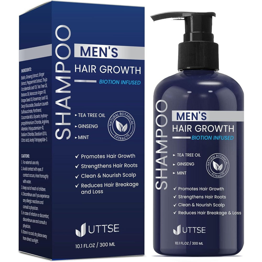 Uttse Biotin Hair Growth Shampoo for Men front view of dark blue bottle packaging