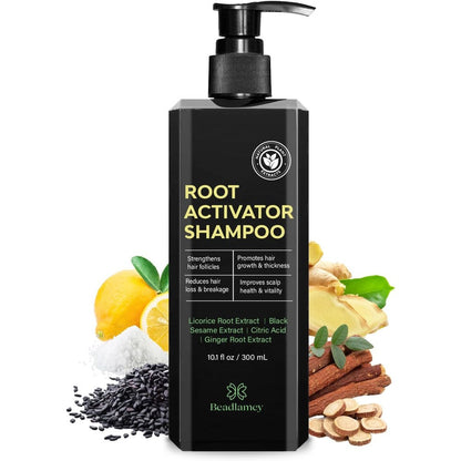Beadlamey Root Activator Shampoo for Men front view bottle showing premium hair growth formula.
