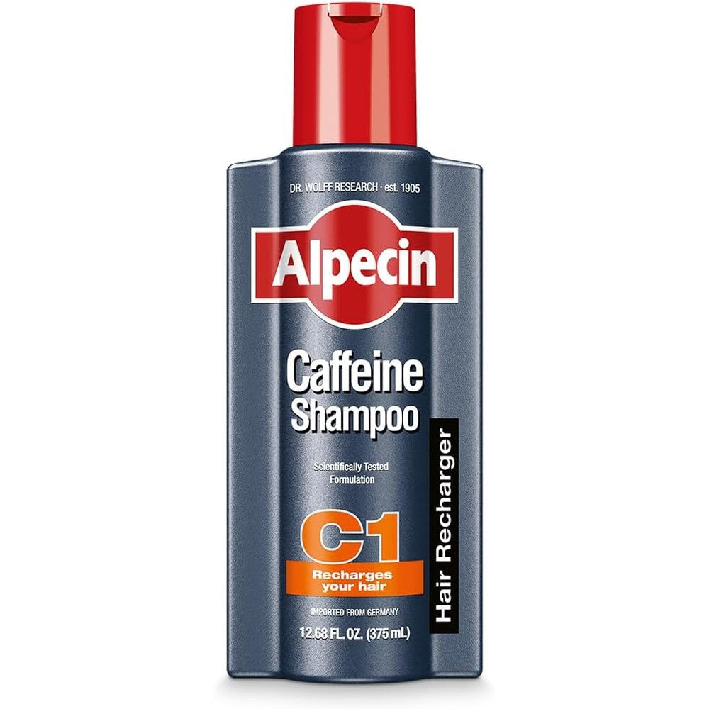 Alpecin C1 Caffeine Shampoo 12.68 Fluid Ounces front view showing grey bottle and red cap