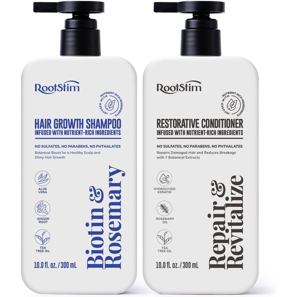Technical Precision RootStim hair growth shampoo and conditioner front view with pump bottles