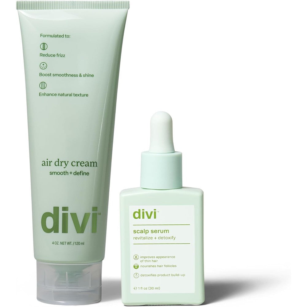 Divi Heat Free Duo front packaging showing scalp serum and air dry cream bottles.