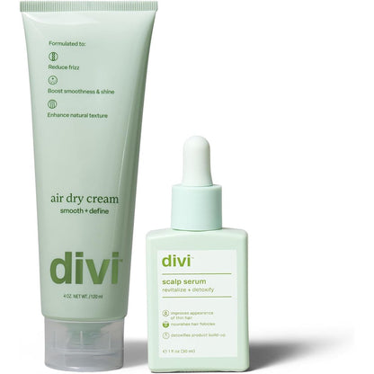 Divi Heat Free Duo front packaging showing scalp serum and air dry cream bottles.