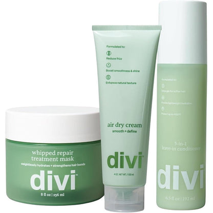 Divi Frizz Fighting Trio 3 piece hair care set front view showing packaging