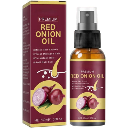 Elrachen Premium Red Onion Hair Growth Oil 30ml bottle front view showing the spray mechanism for anti hair fall treatment.