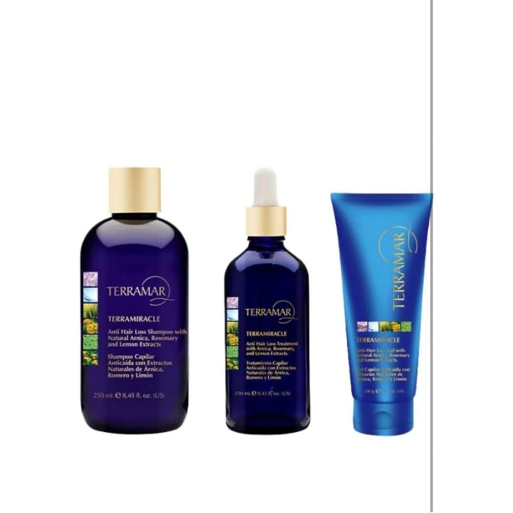 Terramar Terramiracle Anti Hair Loss Kit front view showing the shampoo, treatment, and hair gel bottles for thinning hair solutions.