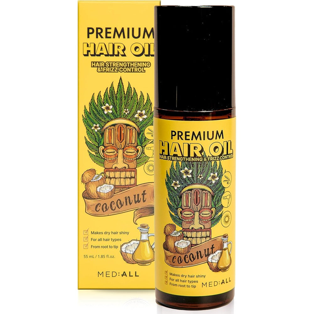 MED:-ALL Premium Hair Oil 1.85 fluid ounces front view showcasing yellow packaging with Tiki mask icon