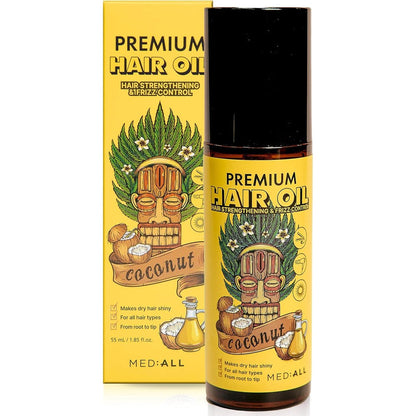 MED:-ALL Premium Hair Oil 1.85 fluid ounces front view showcasing yellow packaging with Tiki mask icon