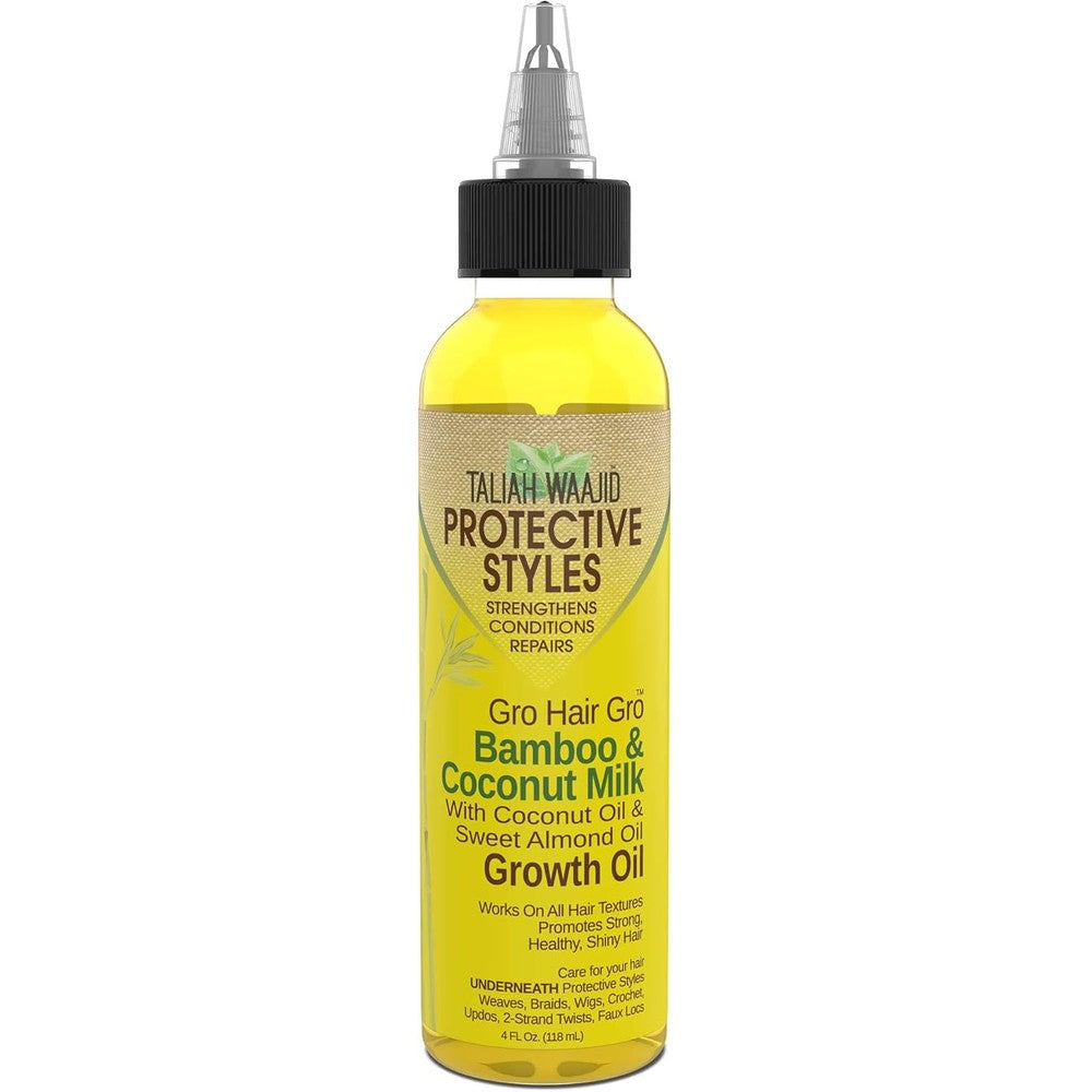 Taliah Waajid Hair Gro Bamboo and Coconut Milk Growth Oil four ounce bottle front view showcasing authentic packaging for hair regrowth.