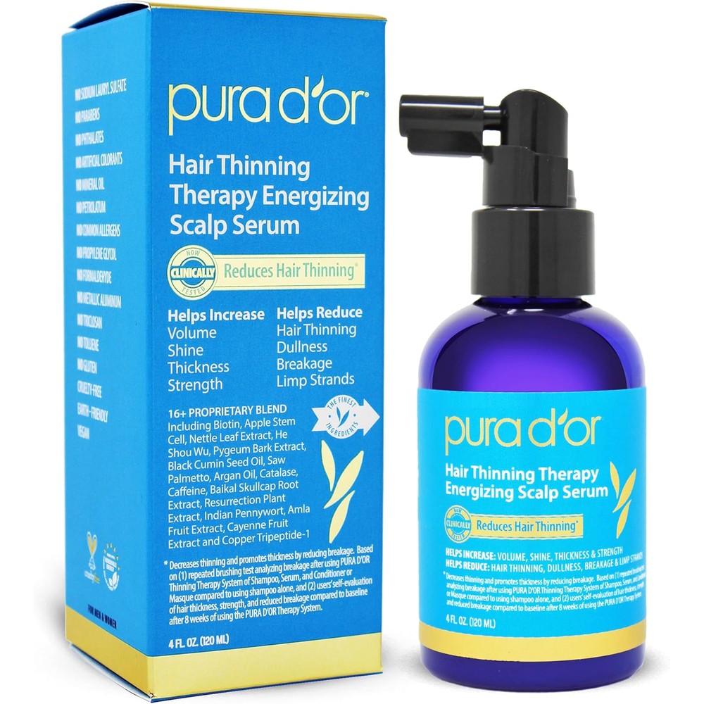 PURA D'OR Hair Thinning Therapy Energizing Scalp Serum front view bottle showcasing the sixteen active ingredients formula.