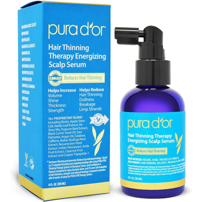 PURA D'OR Hair Thinning Therapy Energizing Scalp Serum front view bottle showcasing the sixteen active ingredients formula.