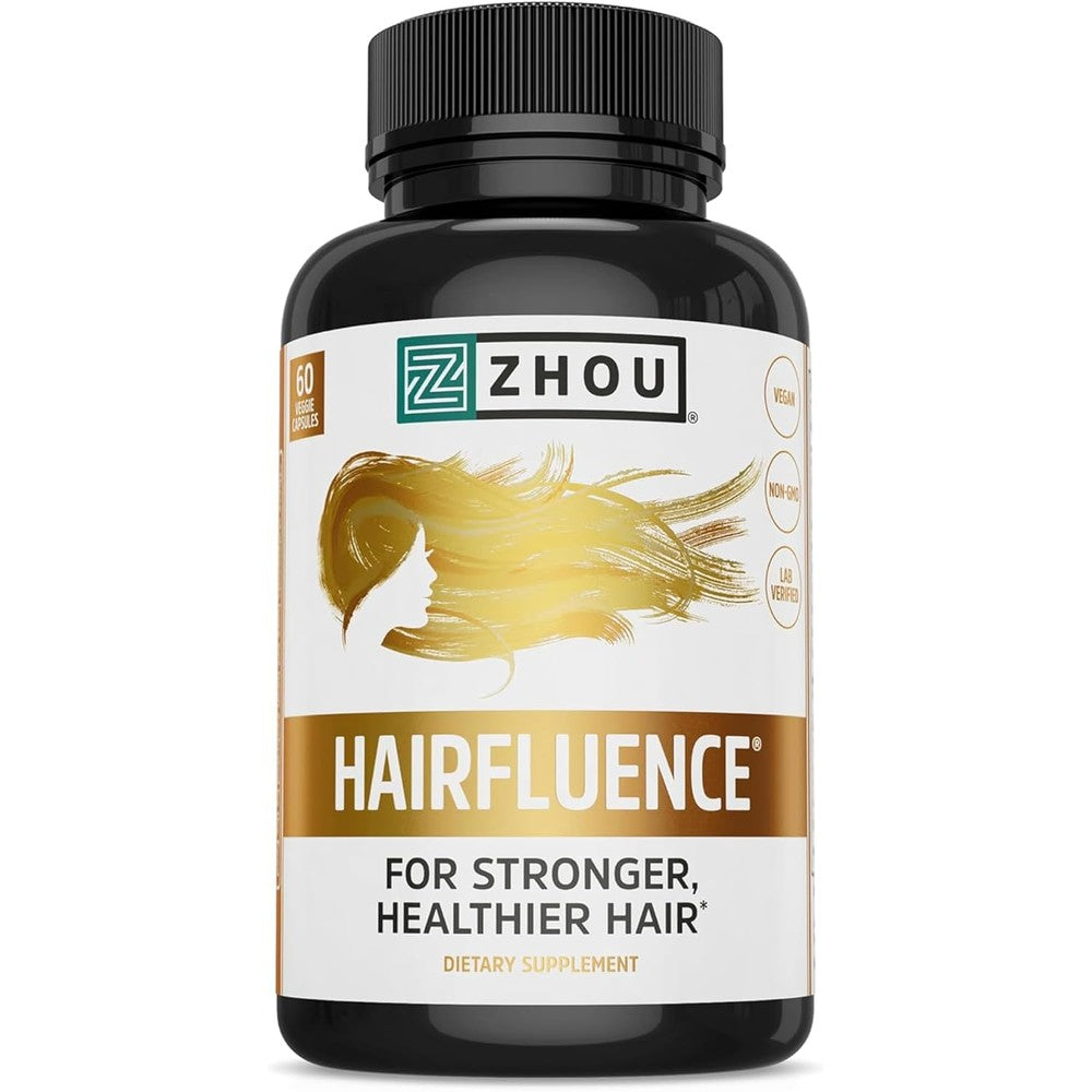 Zhou Nutrition Hairfluence front view showing 60 veggie capsules bottle and biotin highlights