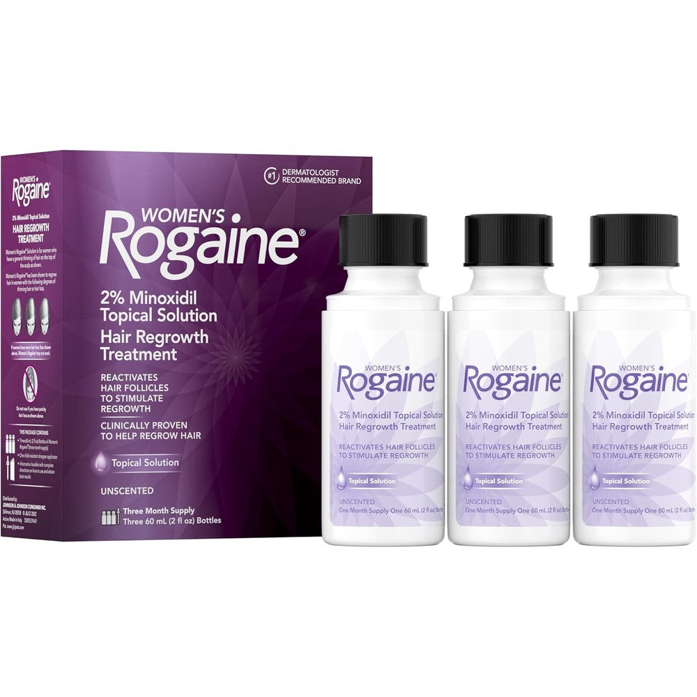 Style Make Women's Rogaine two percent minoxidil topical solution three bottle pack front view