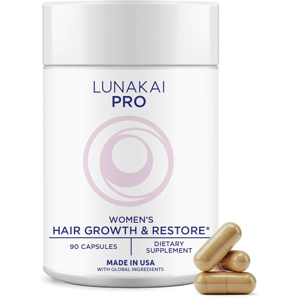 Lunakai PRO Women's Hair Growth and Restore Vitamins bottle front view showing ninety capsules.
