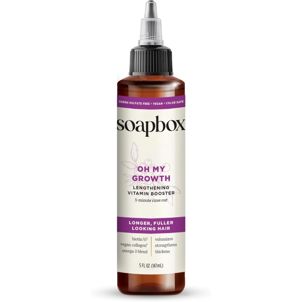 Soapbox Oh My Growth Lengthening Vitamin Booster Hair Treatment front bottle view for hair strengthening