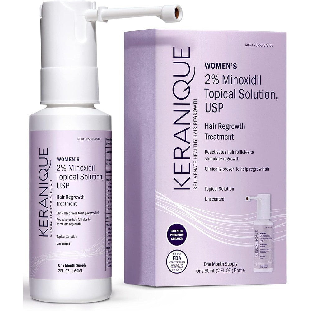 Keranique Hair Regrowth Treatment for Women front view showing bottle and precision sprayer for female hair loss solution