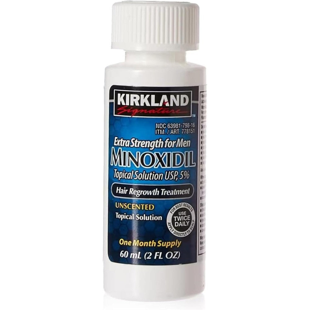 Kirkland Signature Minoxidil five percent extra strength hair regrowth treatment front view bottle