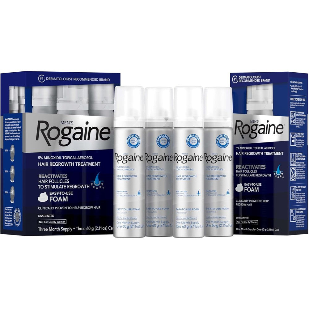 Rogaine Men's 5 Percent Minoxidil Foam front packaging view showcasing four month supply details