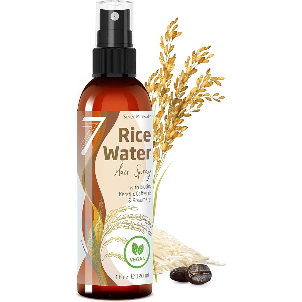 Seven Minerals Fermented Rice Water Hair Growth Spray front view bottle for natural hair thickening.