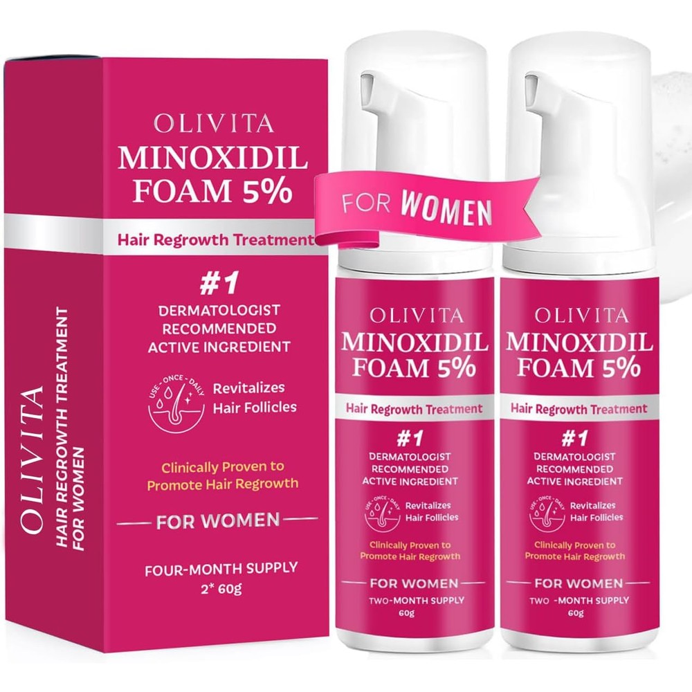 Regaine Olivita five percent minoxidil foam for women front view showing two pack box packaging