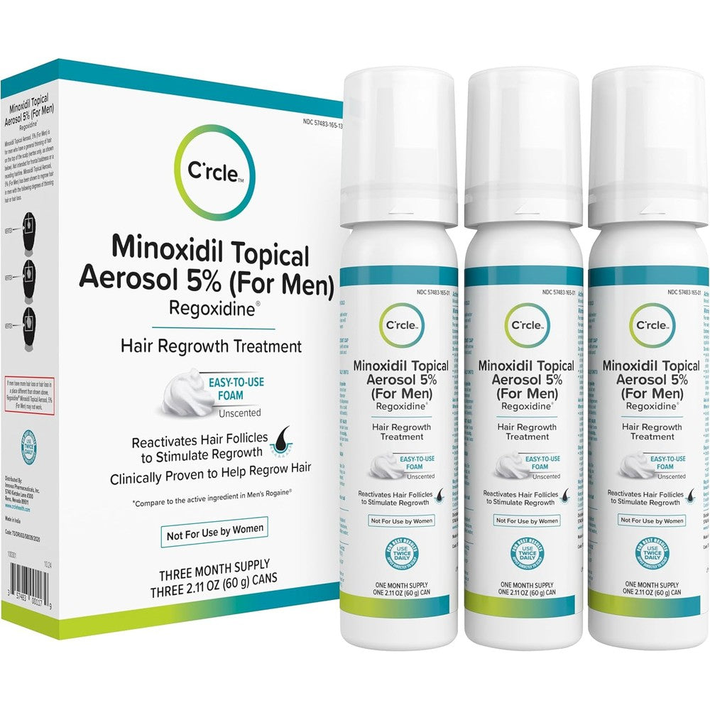 C'rcle Regoxidine men minoxidil five percent foam three month supply front view package