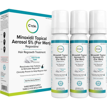 C'rcle Regoxidine men minoxidil five percent foam three month supply front view package