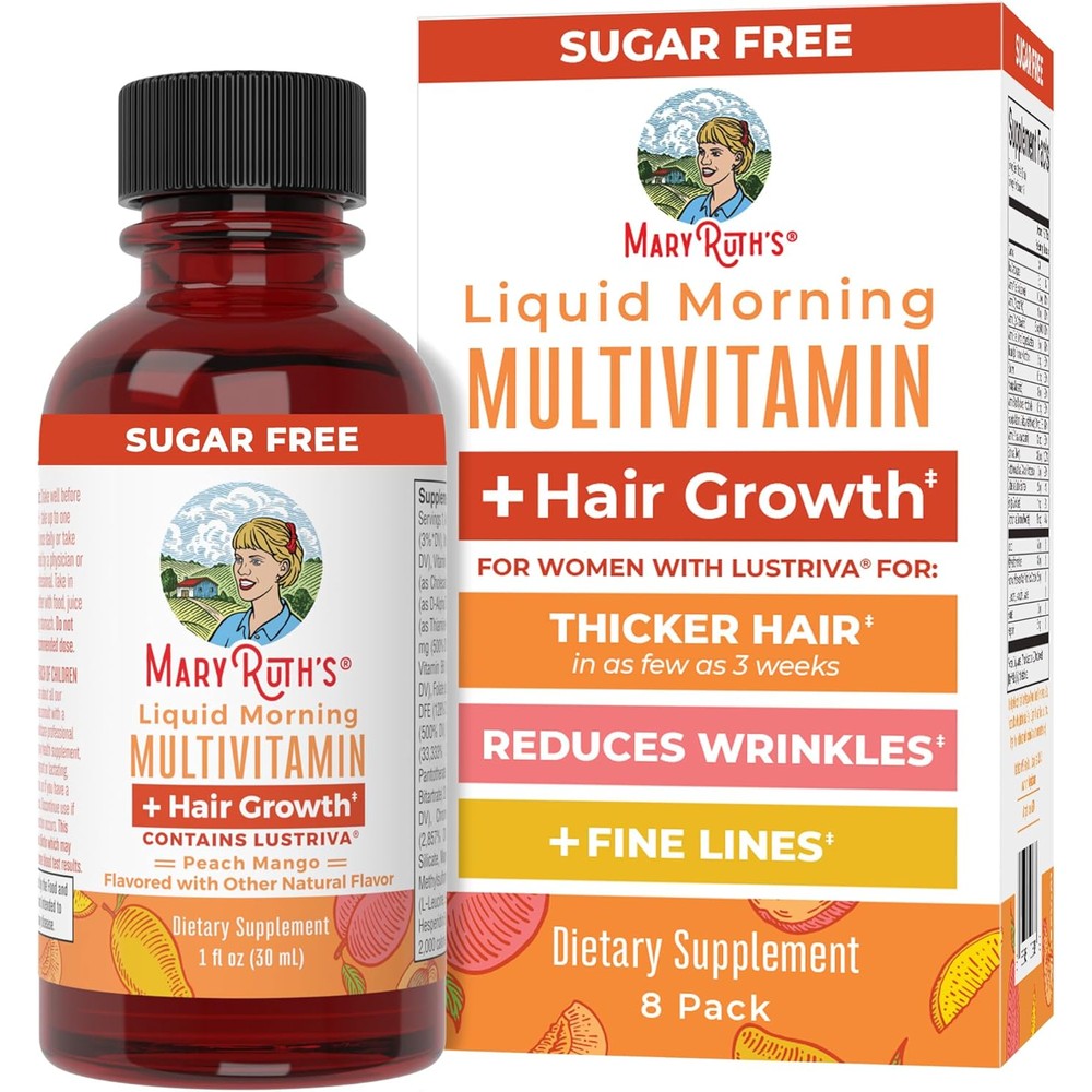 MaryRuth's Liquid Multivitamin and Hair Growth Travel Pack front packaging showing peach mango flavor
