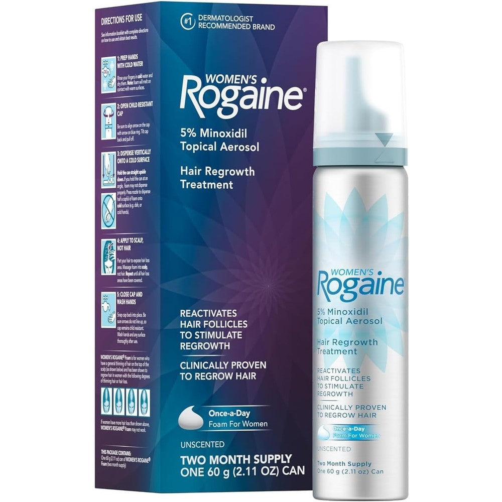 Regaine Women's Rogaine Five Percent Minoxidil Foam front view packaging showcasing two month supply details