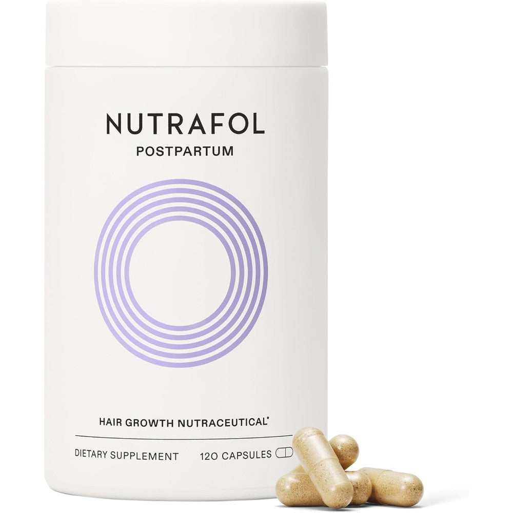 Nutrafol Postpartum Hair Growth Supplement front view of white cylindrical bottle for new mothers