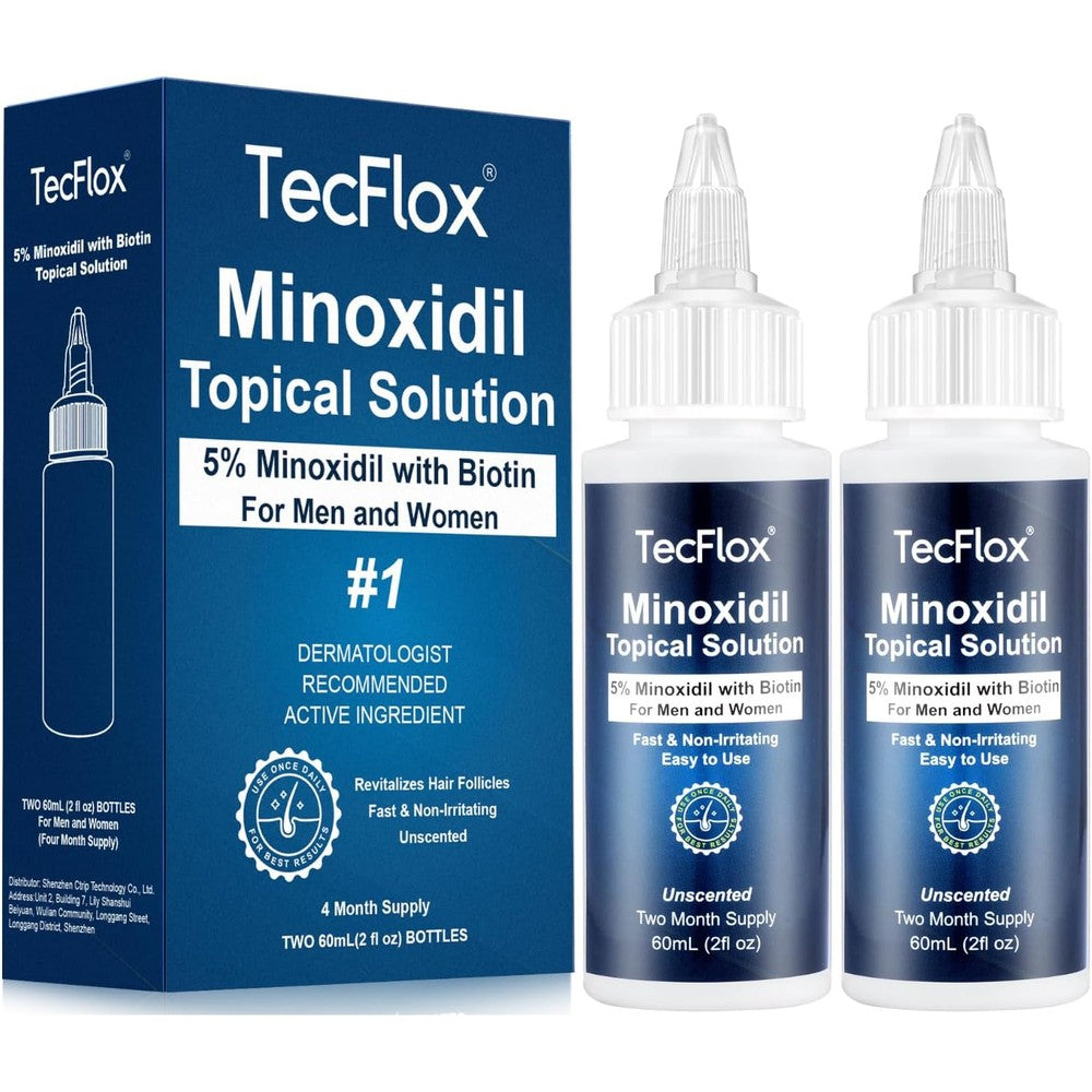 Artimore TecFlox five percent minoxidil with biotin hair regrowth serum front view showing two pack packaging