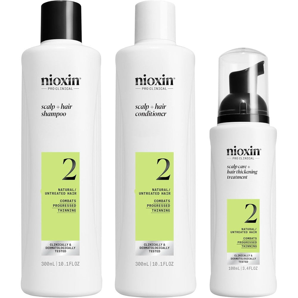Nioxin System 2 Starter Kit front view showing shampoo conditioner and leave on treatment bottles for hair thinning
