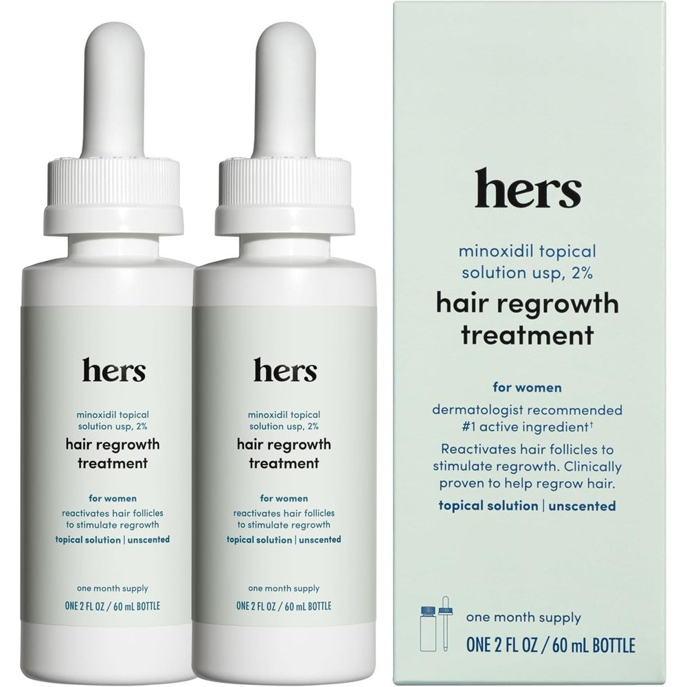 Hims And Hers Hair Regrowth Treatment box front view for authentic female hair thinning solutions.