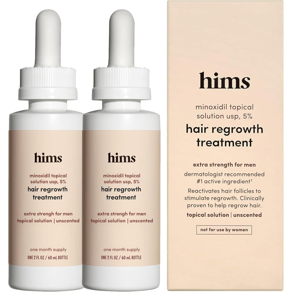 Hims Hair Regrowth Treatment front view showing two pack bottles for men.