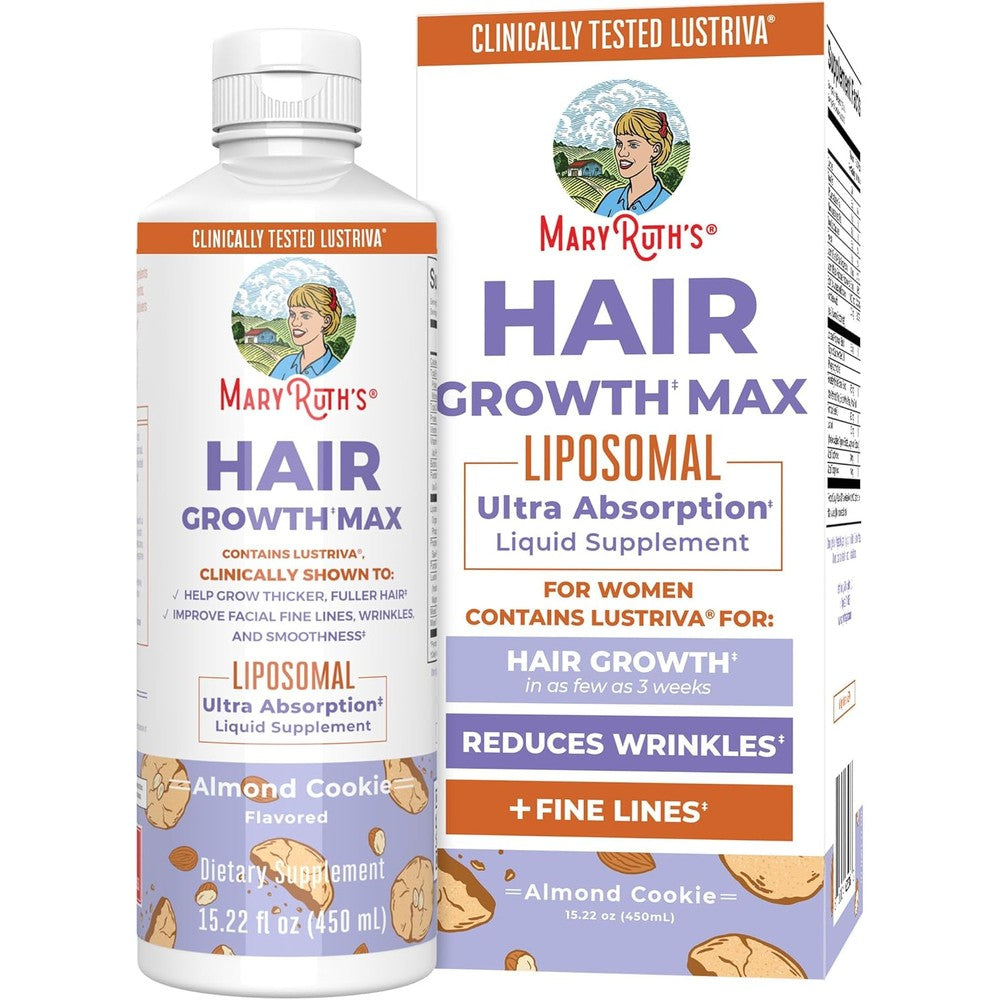 MaryRuth Organics Women's Hair Growth MAX Liposomal bottle front view liquid hair supplement for thicker hair