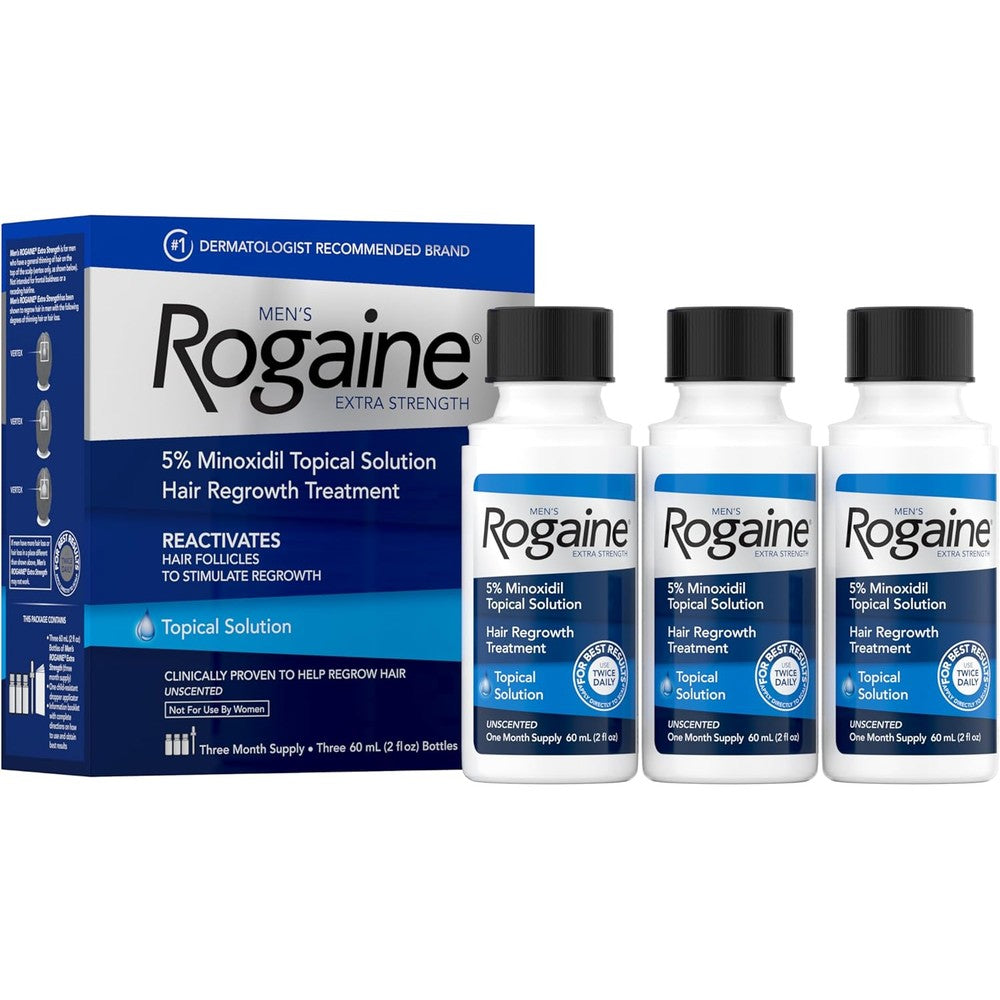 Men's Rogaine Extra Strength 5% Minoxidil Topical Solution front packaging for male hair loss treatment