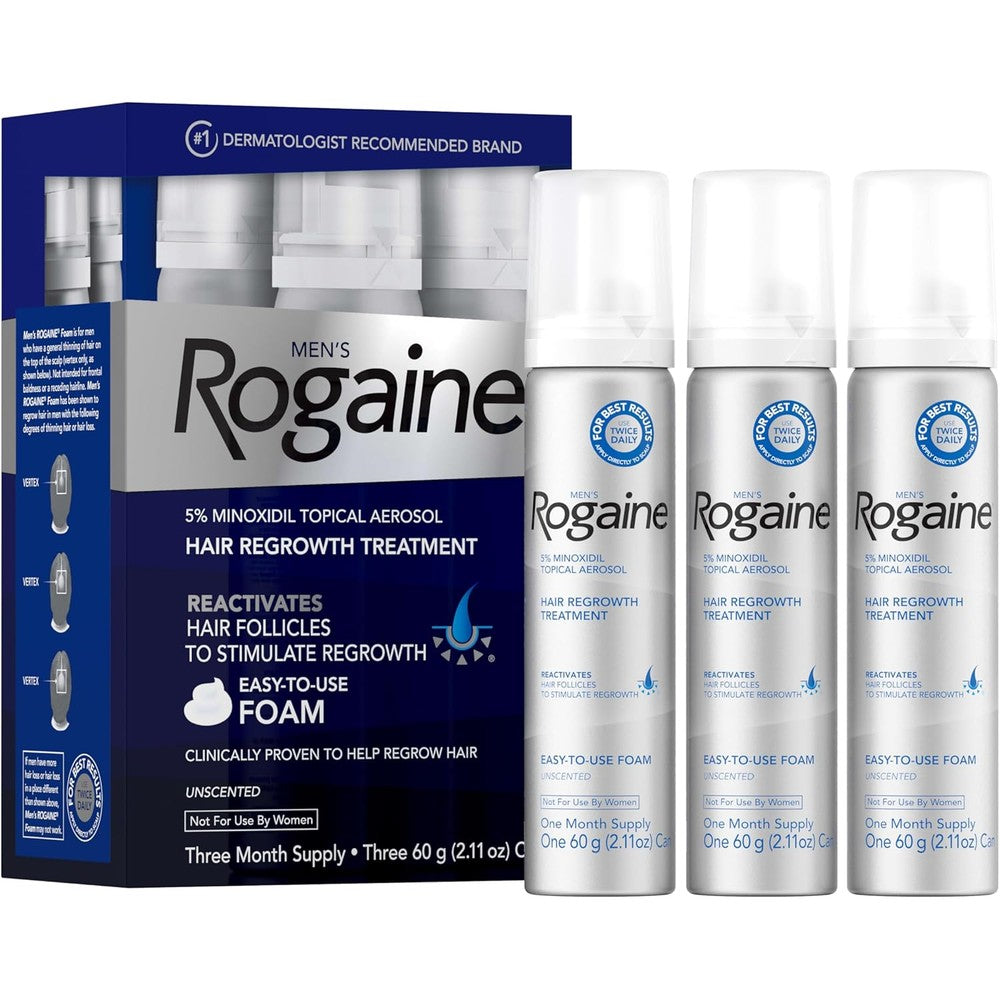 Rogaine Men's 5 Percent Minoxidil Foam three month supply packaging front view.