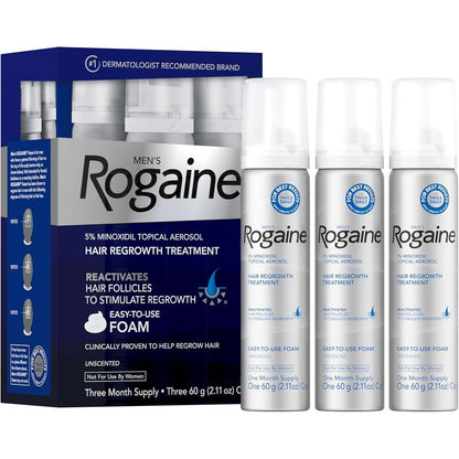 Rogaine Men's 5 Percent Minoxidil Foam three month supply packaging front view.