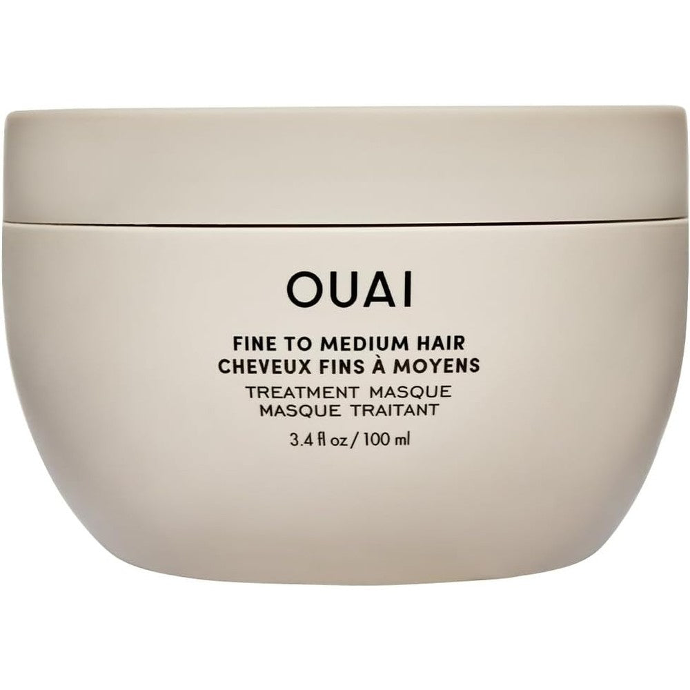OUAI Fine to Medium Hair Treatment Masque front view of the minimalist jar packaging
