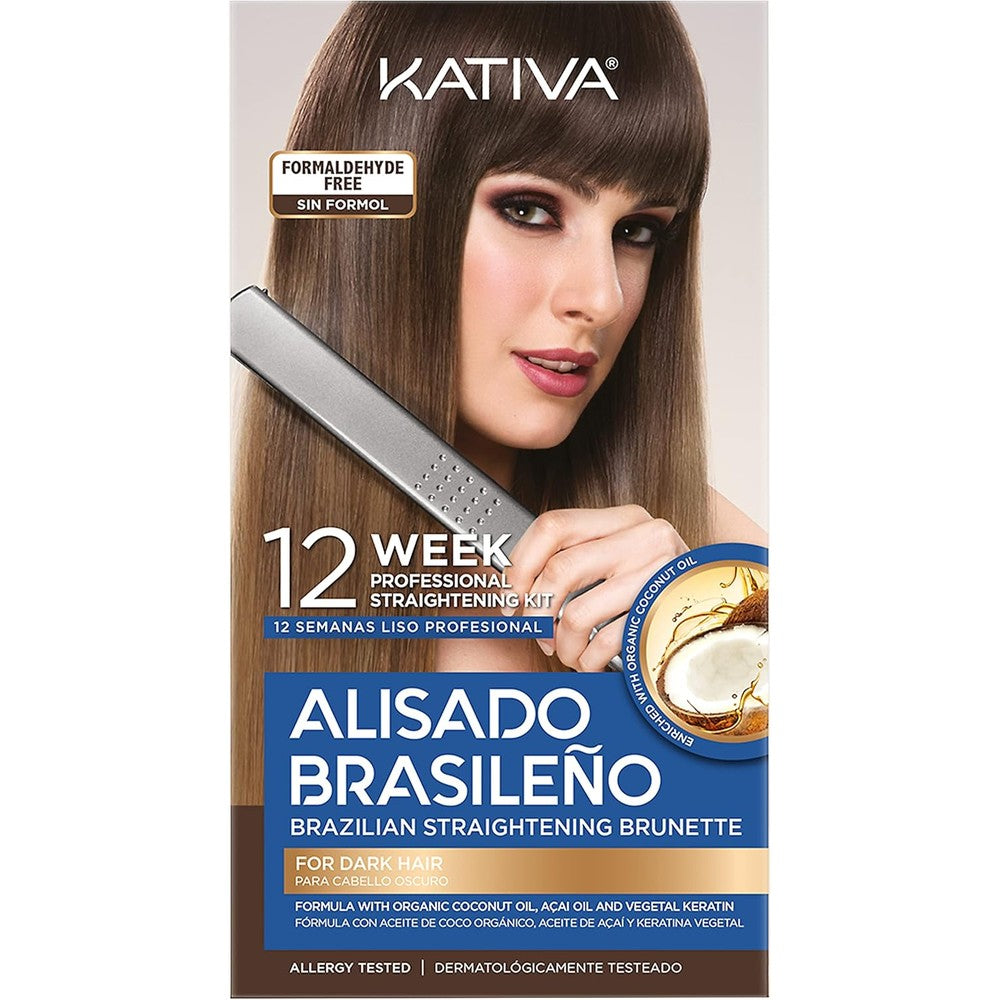 Kativa Brazilian Straightening Brunette Kit, 12 Weeks of Home Use Professional Straightening, with Organic Coconut Oil, AÃ§ai Oil, and Keratin, for Straighter, Softer and Shinier Dark-Coloured Hair - Image 1