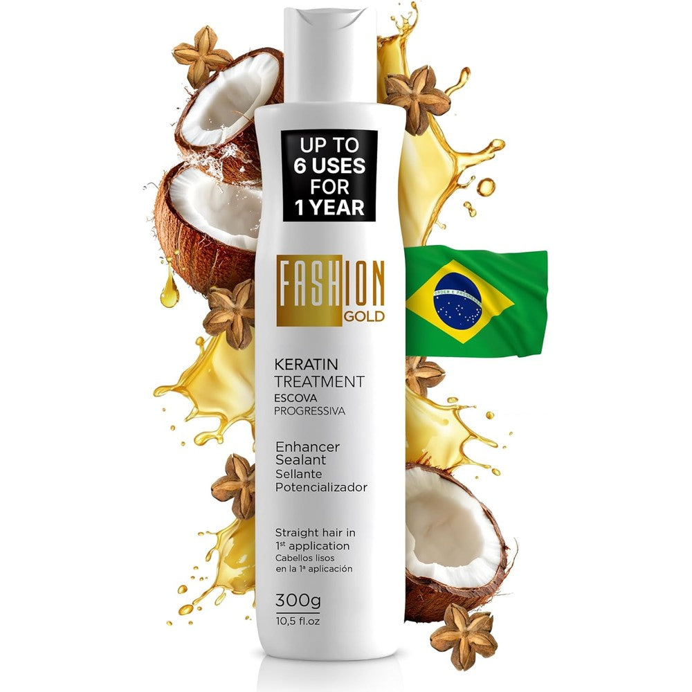 Fashion Gold Keratin Hair Treatment bottle front view for professional smoothing