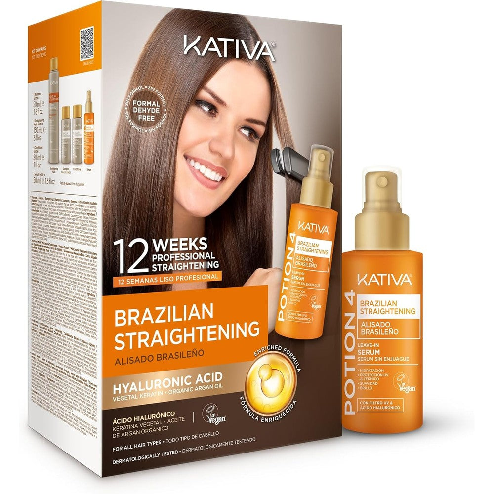 Kativa Brazilian Keratin Straightening Kit front view showing treatment bottles.