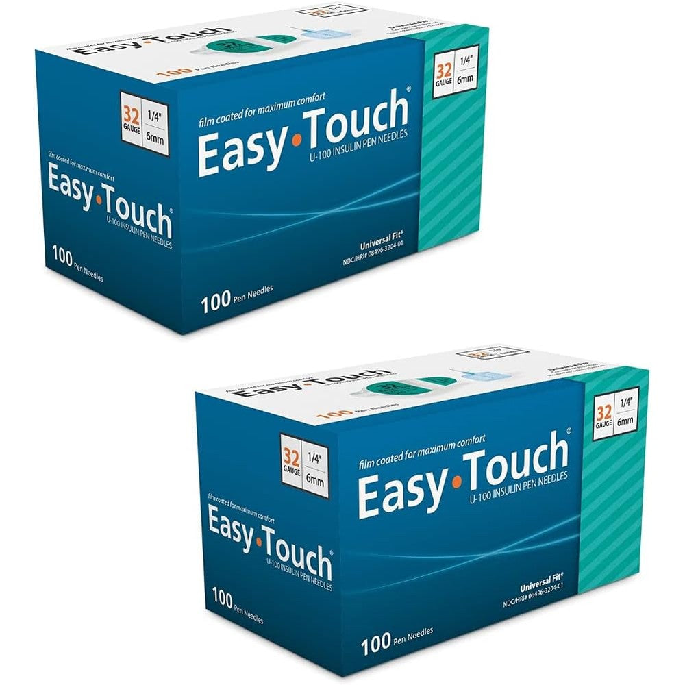 Easy Touch 32G Disposable Pen Needles 200 count pack front view authentic medical supplies.
