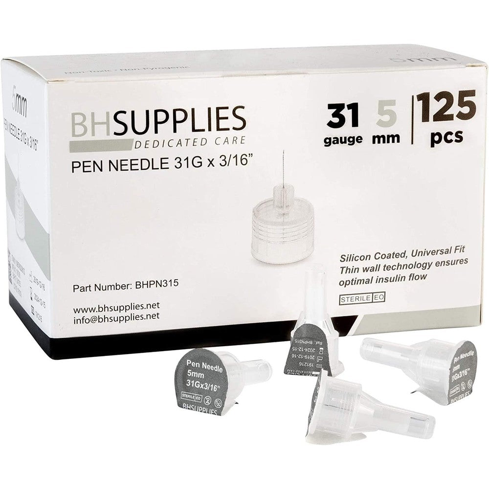 BH Supplies 31 Gauge 5mm insulin pen needles front view packaging for daily diabetes care.