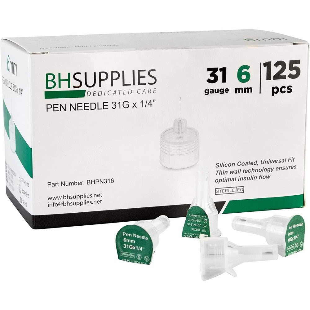 BH Supplies Insulin Pen Needles 31 Gauge 6mm box front view for diabetic care.