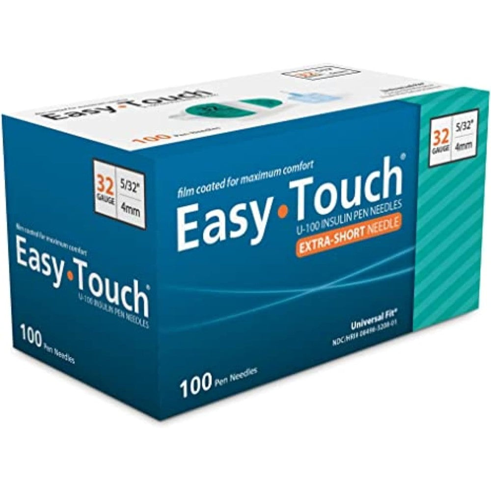 Easy Touch 32 Gauge 4mm Insulin Pen Needles 100 count box front view authentic USA import.